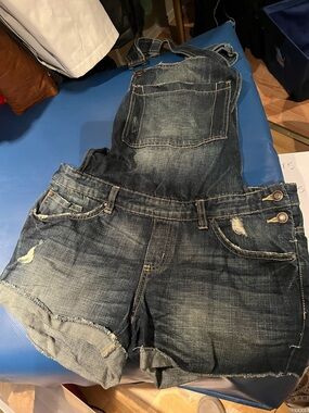 Denim Short Overalls - Distressed Blue
